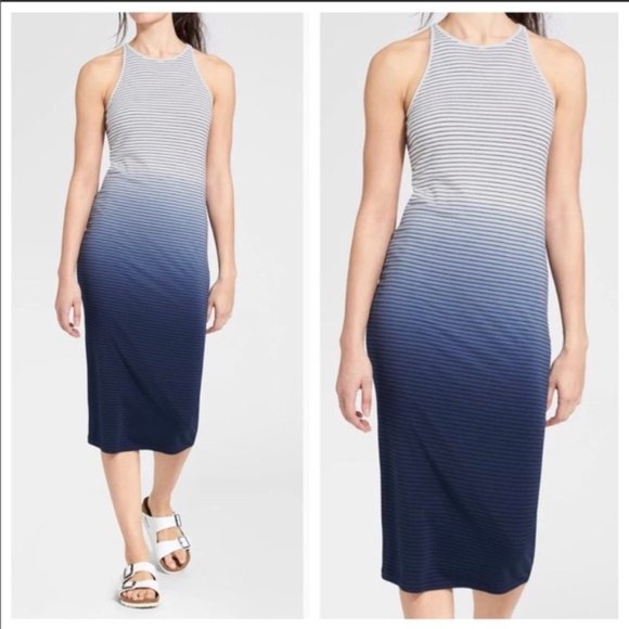 Athleta Blue White Stripe Dip Dye Sunkissed Midi Dress Medium - Picture 1 of 8
